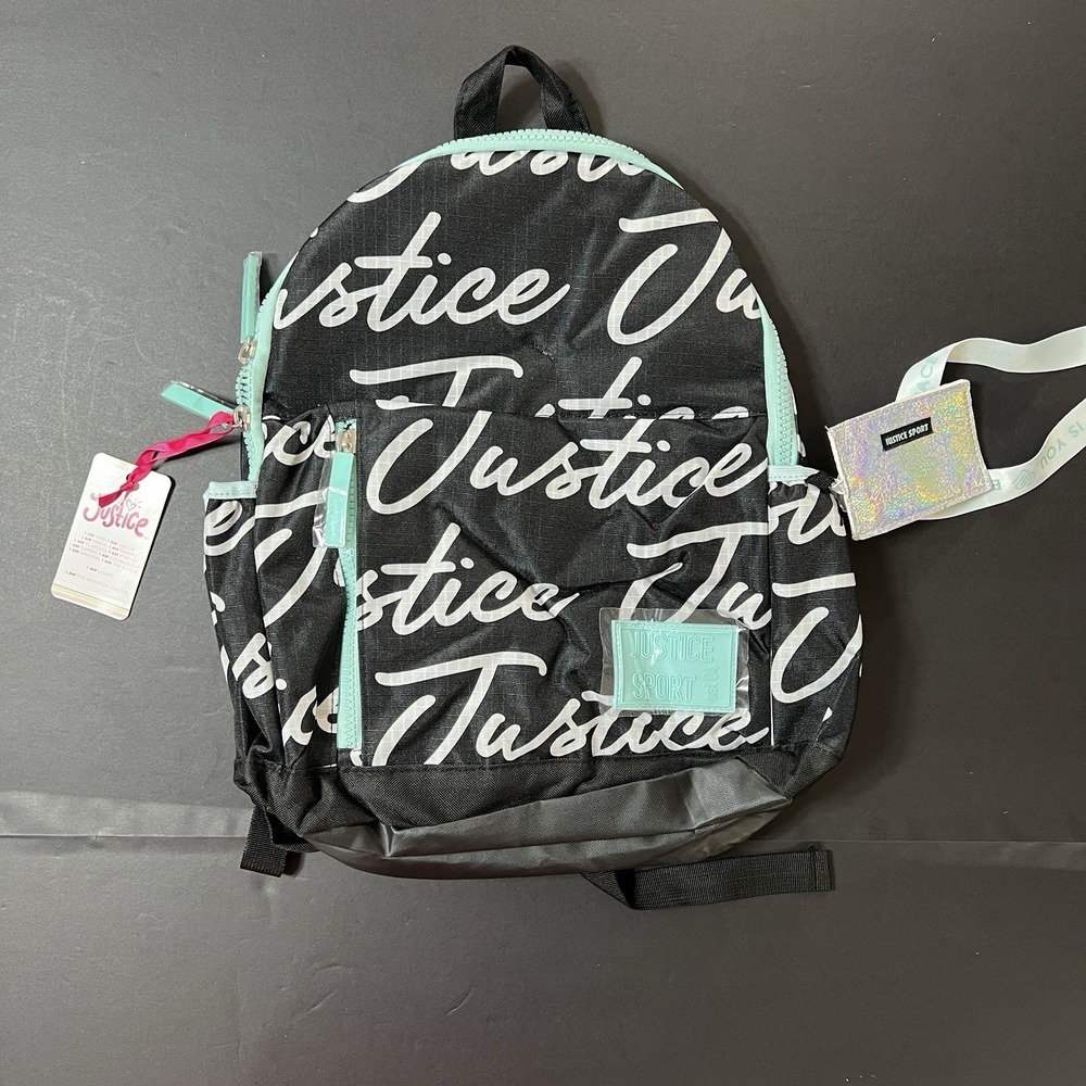 Justice Girls 17" Ripstop Backpack Black Blue All Over Print with Tech Pocket